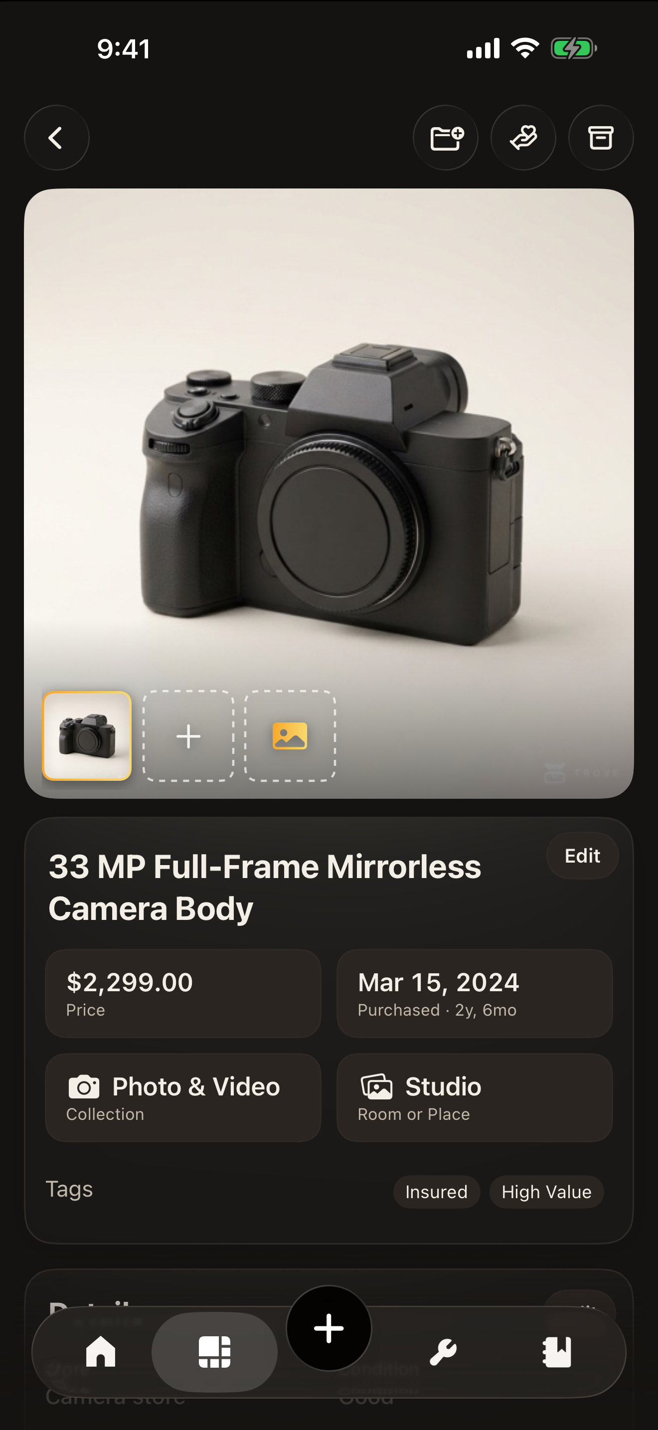An item detail screen with photos, price, and purchase details