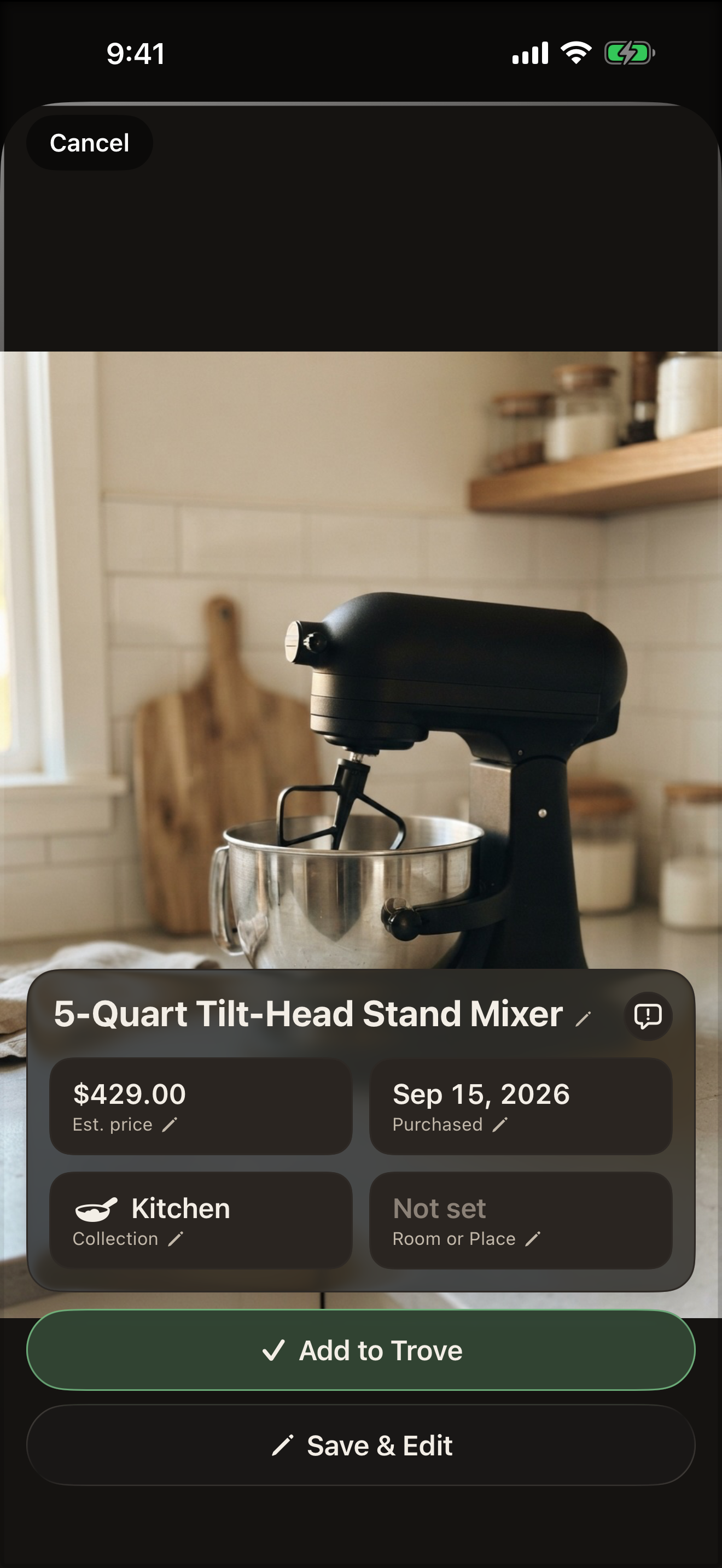 Item Scan confirming a recognized item before it is added